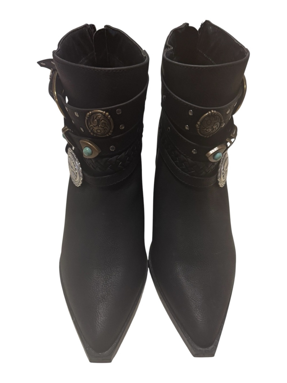 Penny Loves Kenny Black Pointed Toe Ankle Boots with Turquoise Accent